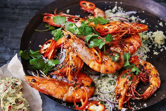 Tiger prawns with chermoula butter